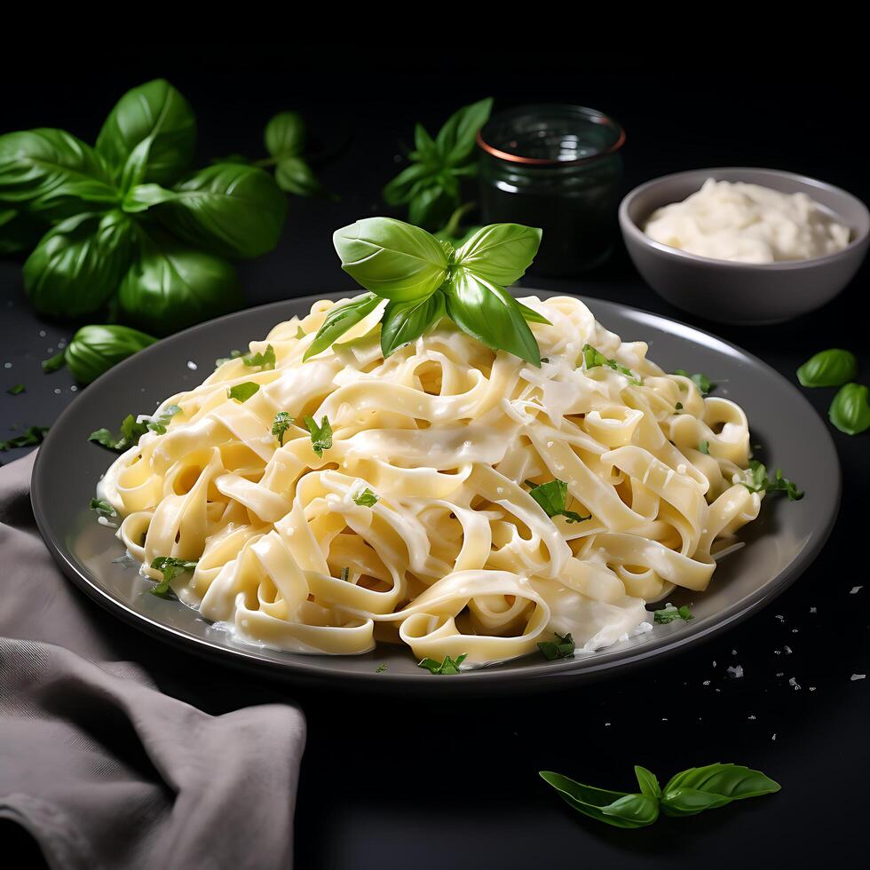 ai genererad topp se fettucine med Alfredo sås på vit bakgrund foto