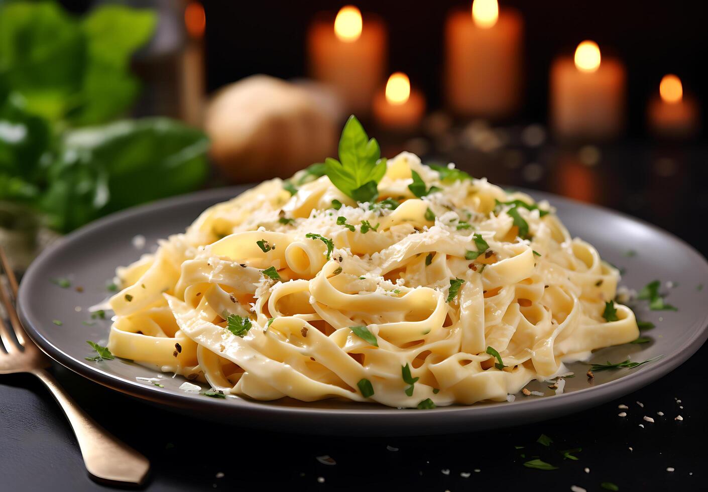 ai genererad topp se fettucine med Alfredo sås på vit bakgrund foto