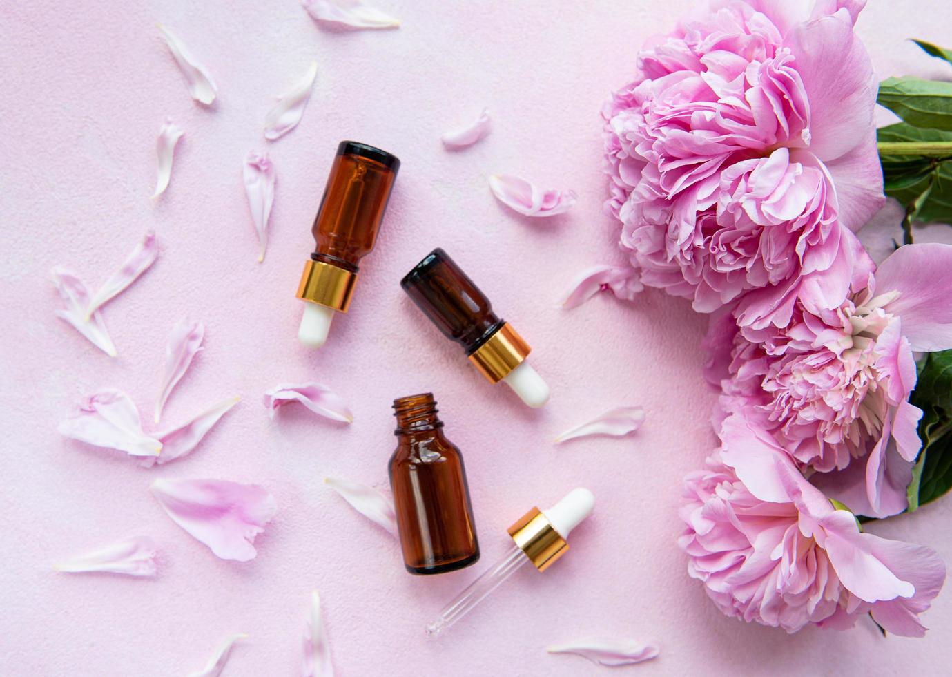 eteriska oljor för aromaterapi och rosa pioner foto