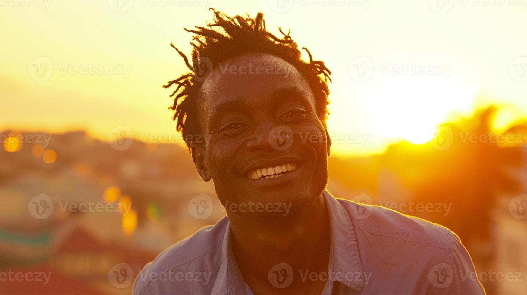 ai genererad porträtt av en leende afrikansk man på solnedgång i de stad foto