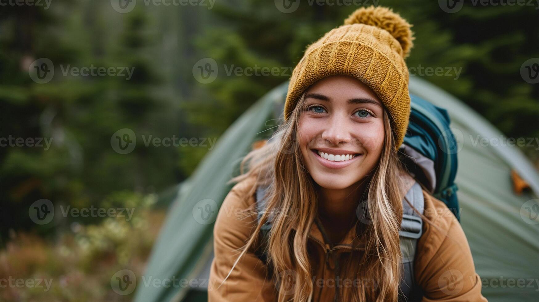 ai genererad porträtt av en skön ung kvinna leende med en tält i de bakgrund foto