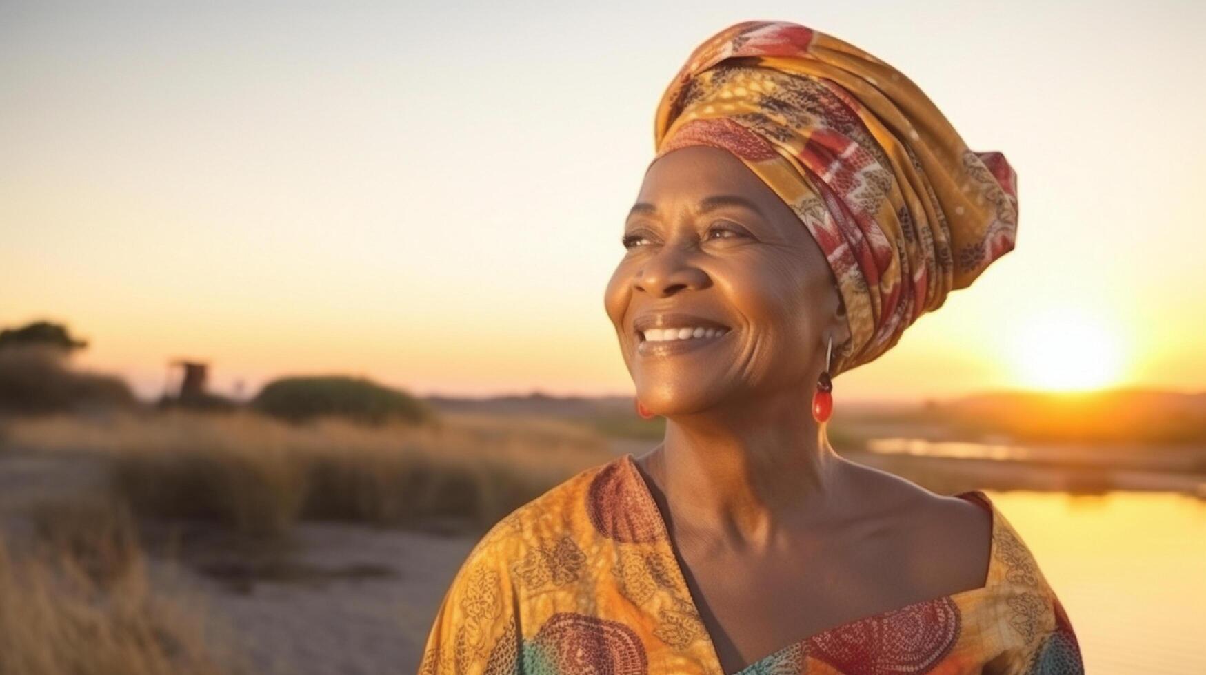 ai genererad afrikansk mogna kvinna i traditionell kläder porträtt. senior vuxen svart lady traditionellt klädd i färgrik Kläder och huvud slå in. svart historia månad begrepp. foto