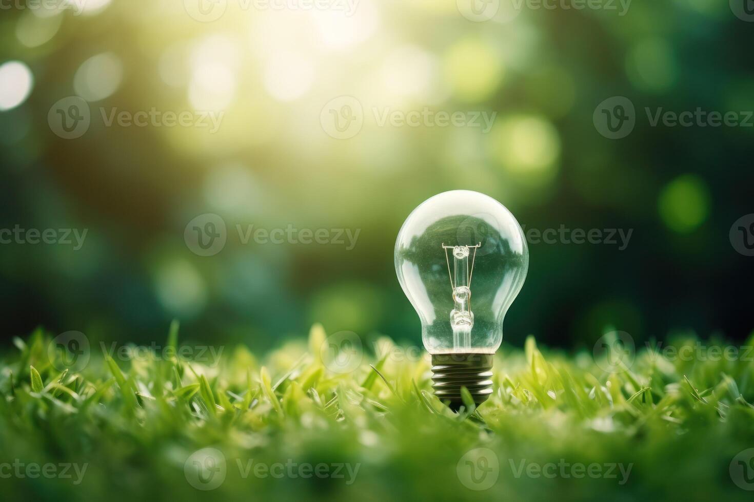 ai genererad ljus Glödlampa på gräs grön säker natur dag begrepp foto