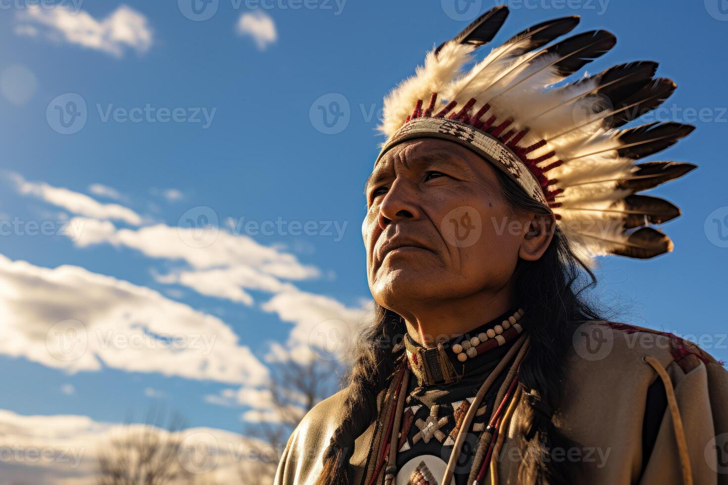 ai genererad en man i en inföding amerikan kostym står i främre av en himmel foto