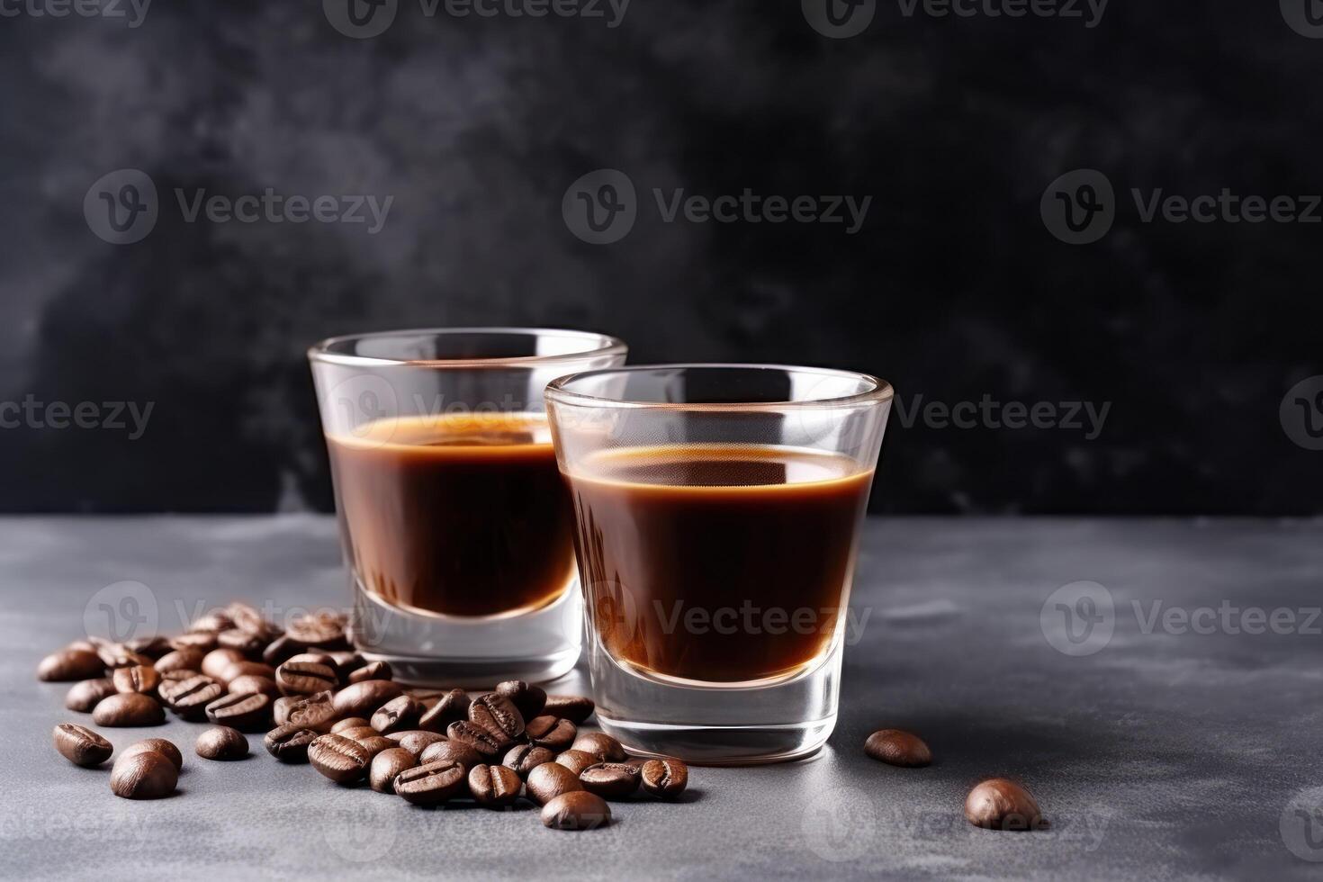 ai genererad skott glasögon med kaffe likör och bönor på grå texturerad tabell, Plats för text foto