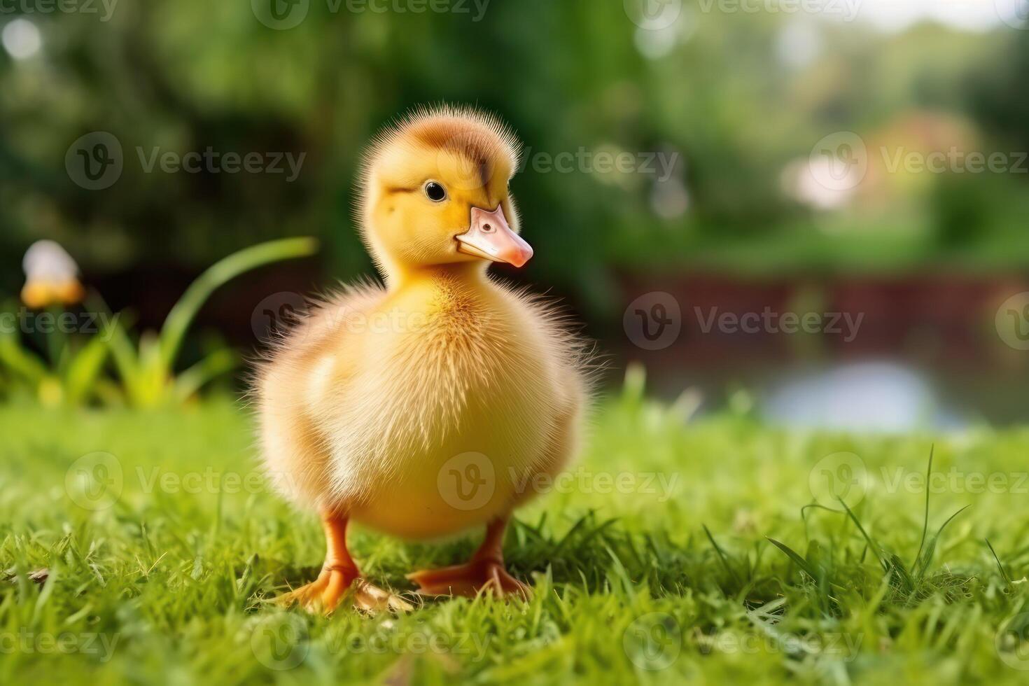 ai genererad söt fluffig ankunge på grön gräs utomhus. bebis djur- foto