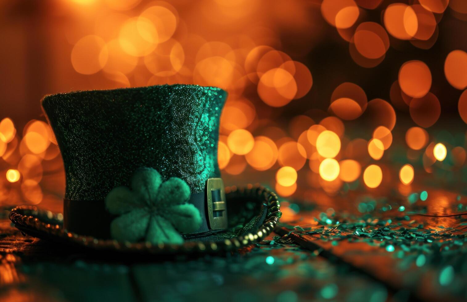 ai genererad grön st Patricks hatt på en tabell bokeh. foto