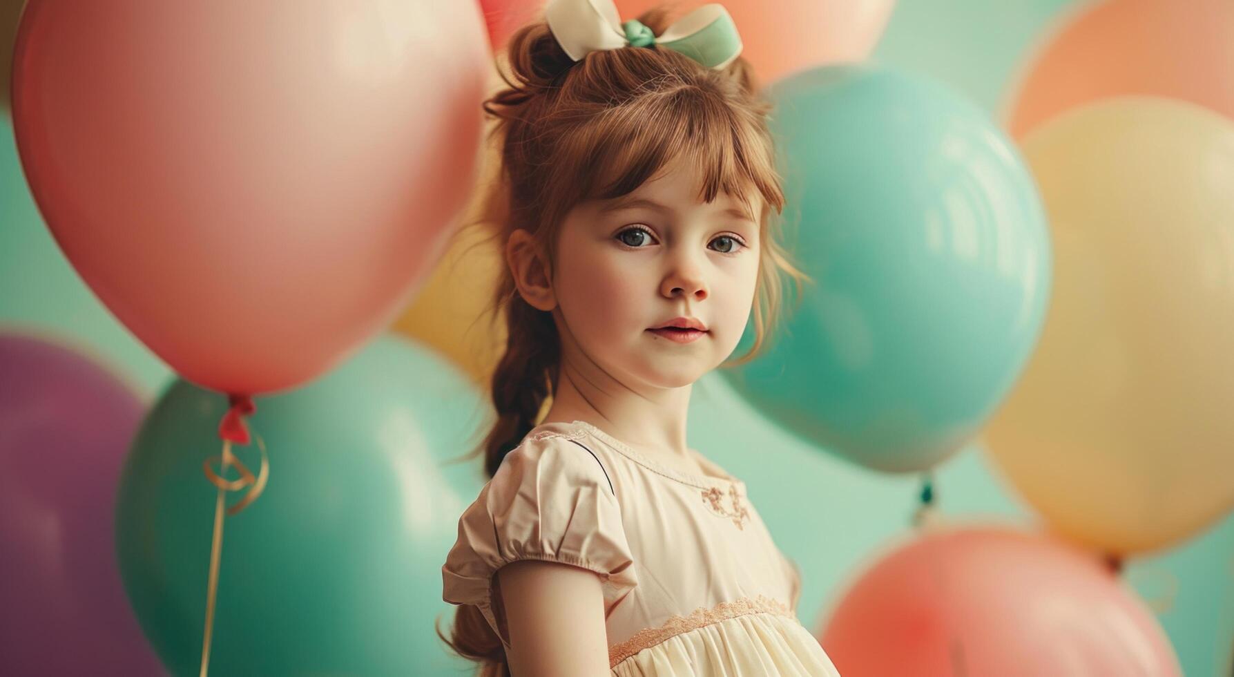 ai genererad liten flicka Framställ med ballonger. foto