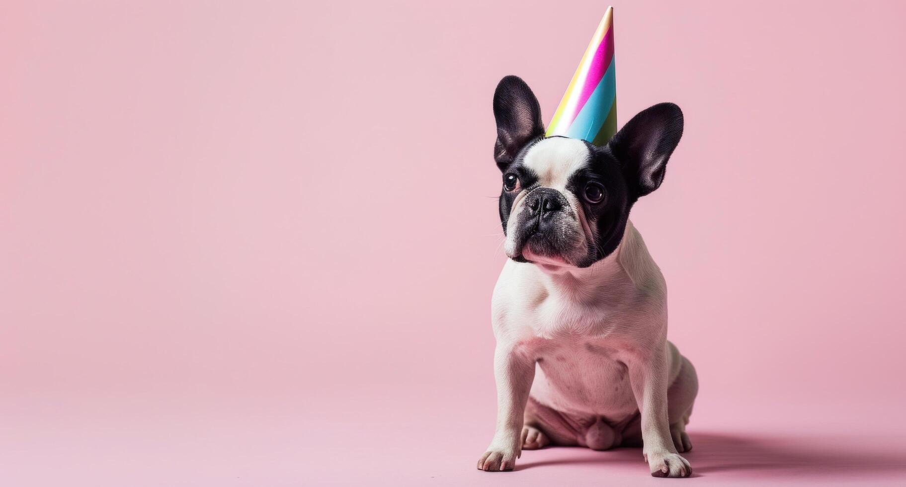 ai genererad en liten franska bulldogg bär en födelsedag hatt foto