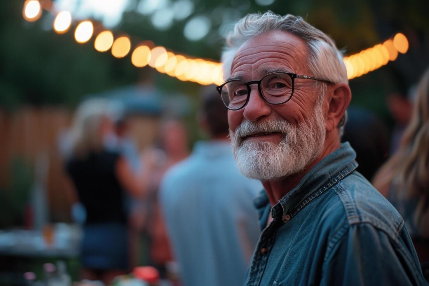 ai genererad en senior man i en poolen bakgård utegrill utomhus- fest. foto