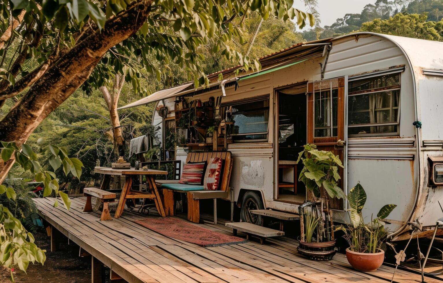 ai genererad ett lägenhet trailer belägen utanför i en parkera, i de stil av naturalis charm foto
