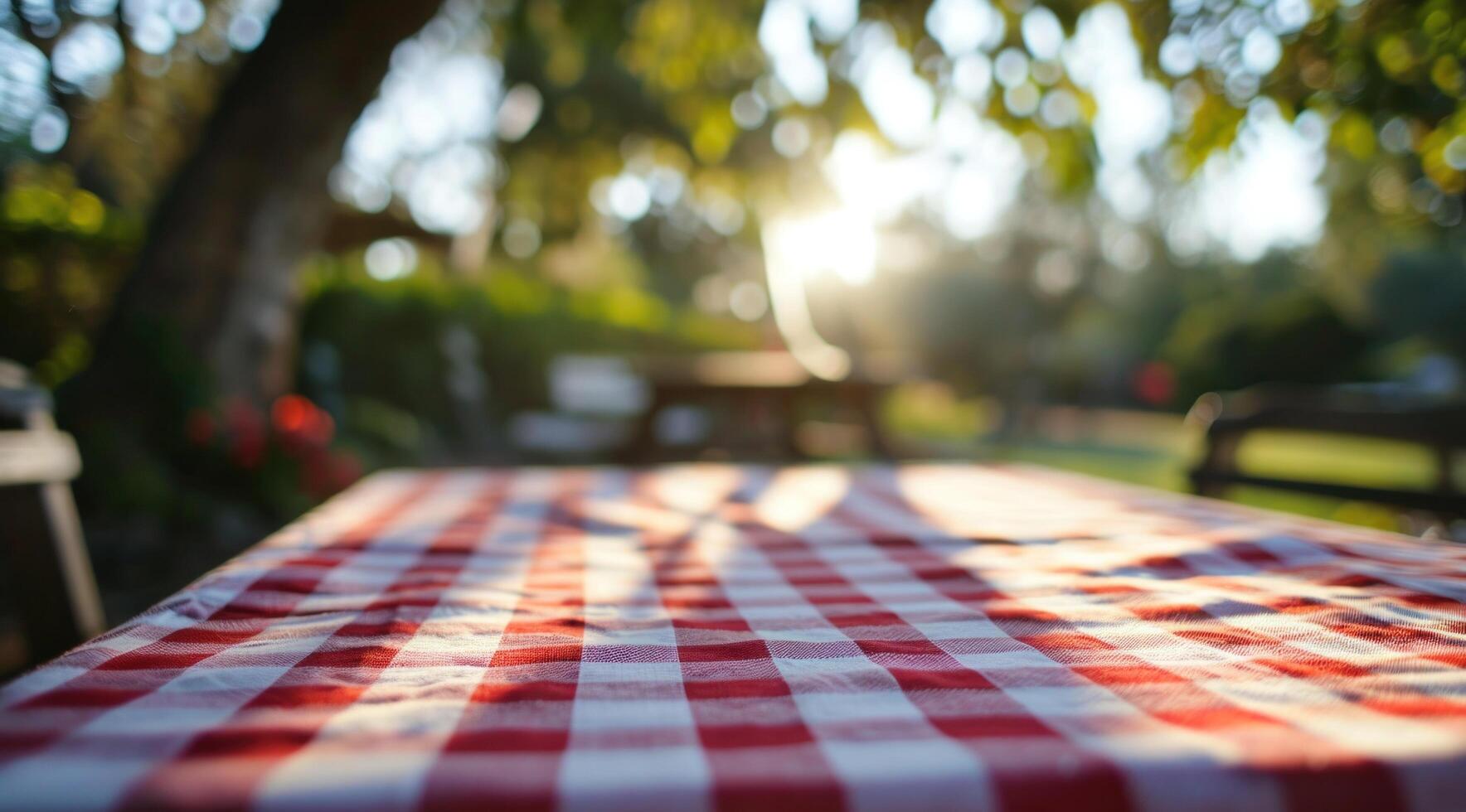 ai genererad ett utomhus- dining tabell med en röd och vit rutig bordsduk foto