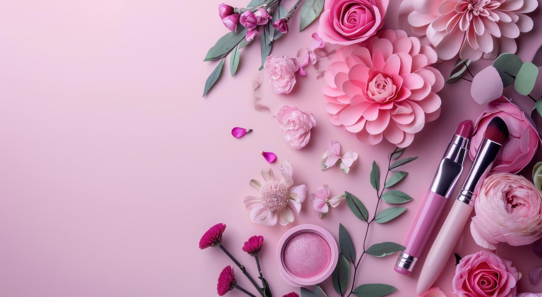 ai genererad kosmetisk göra upp Produkter på en rosa bakgrund foto