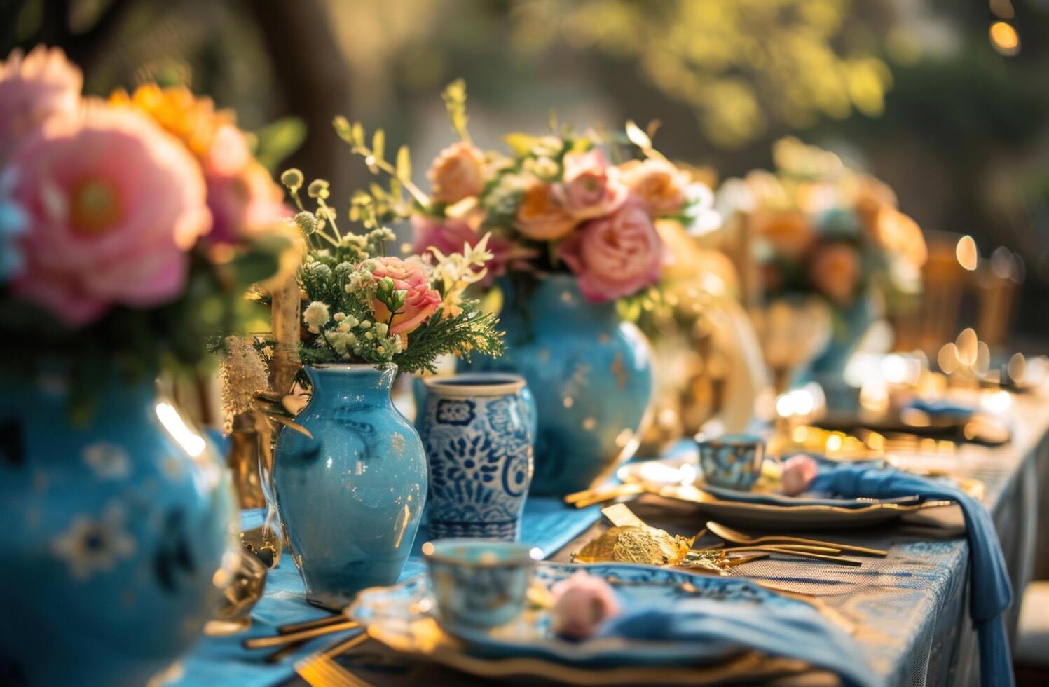 ai genererad ett elegant tabell den där har blå vaser och blommig plats inställningar. foto