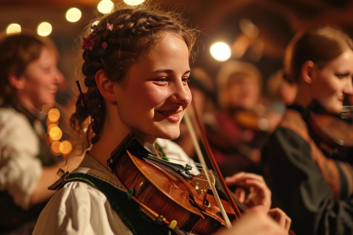 ai genererad människor leende medan spelar låtar på en traditionell tysk dansa, foto