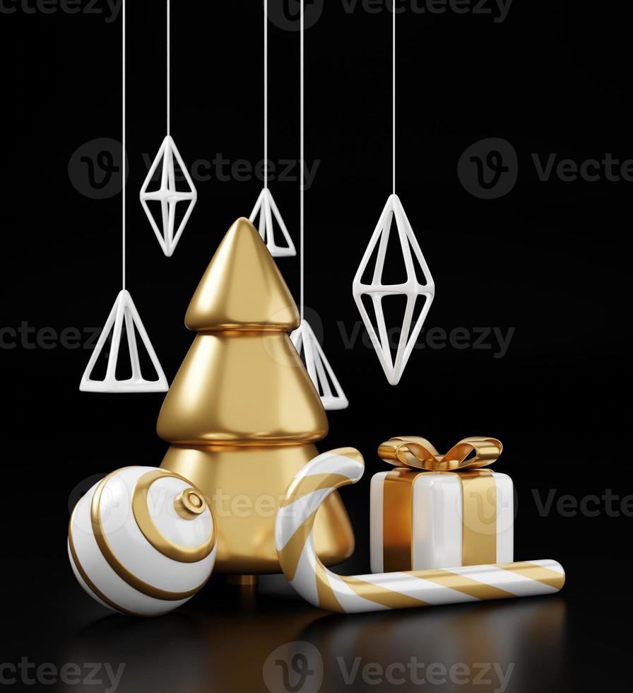 lyxig jul 3d render banner eller gratulationskort. modernt minimalt nyår och julguld och svart dekoration med träd, godis, boll, presentask på svart bakgrund foto