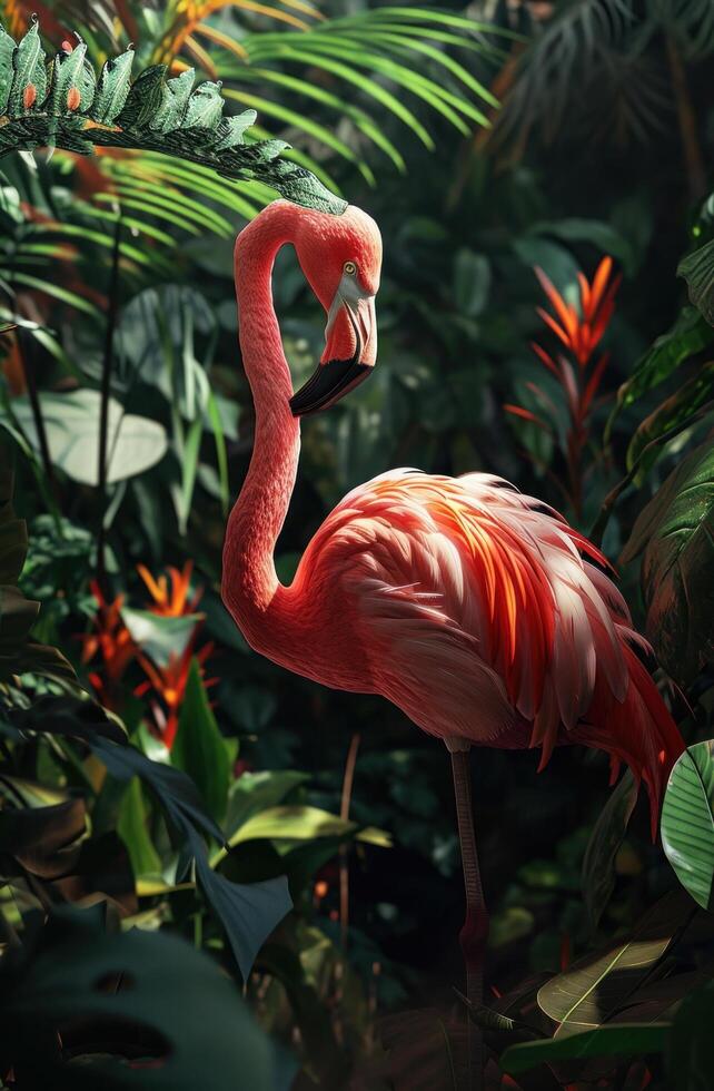 ai genererad en rosa flamingo i de djungel foto