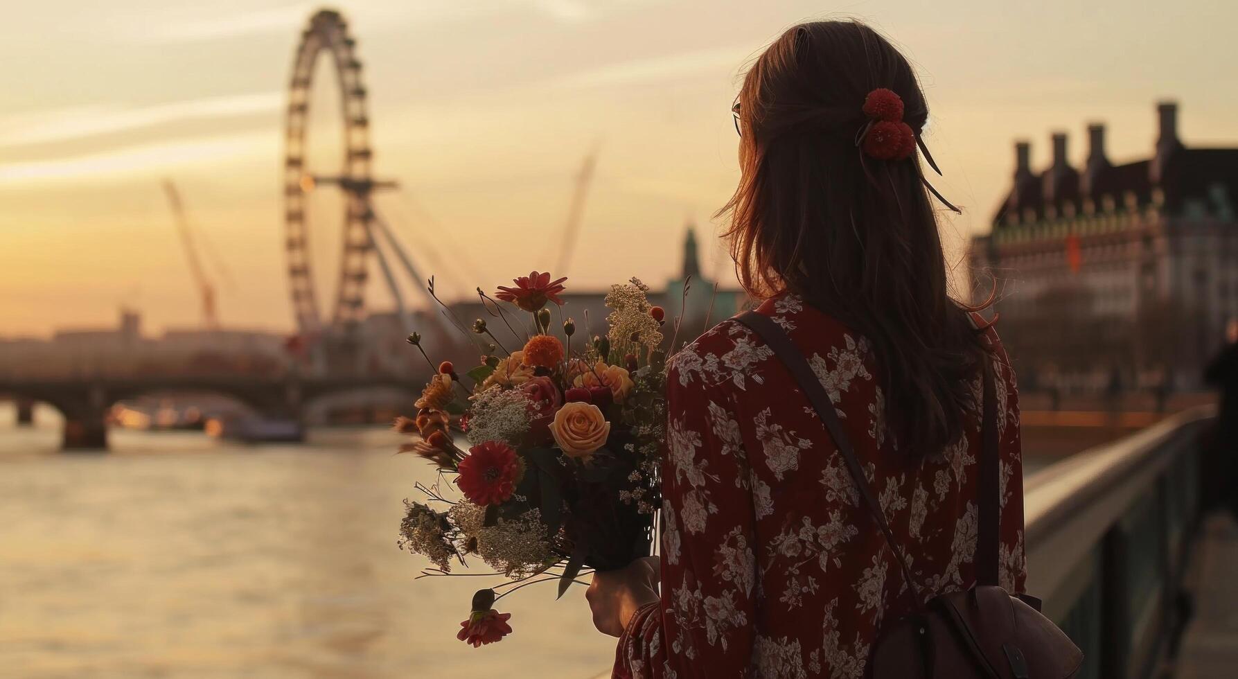 ai genererad en kvinna med en bukett av blommor stående nära en bro till London öga foto