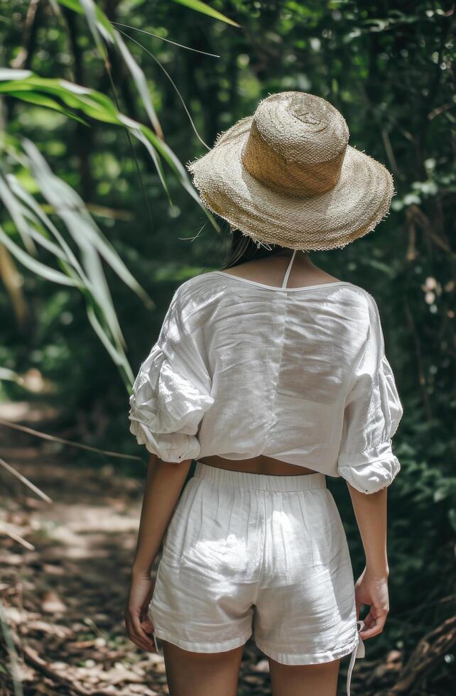 ai genererad en kvinna bär en sugrör hatt och vit Linné shorts foto
