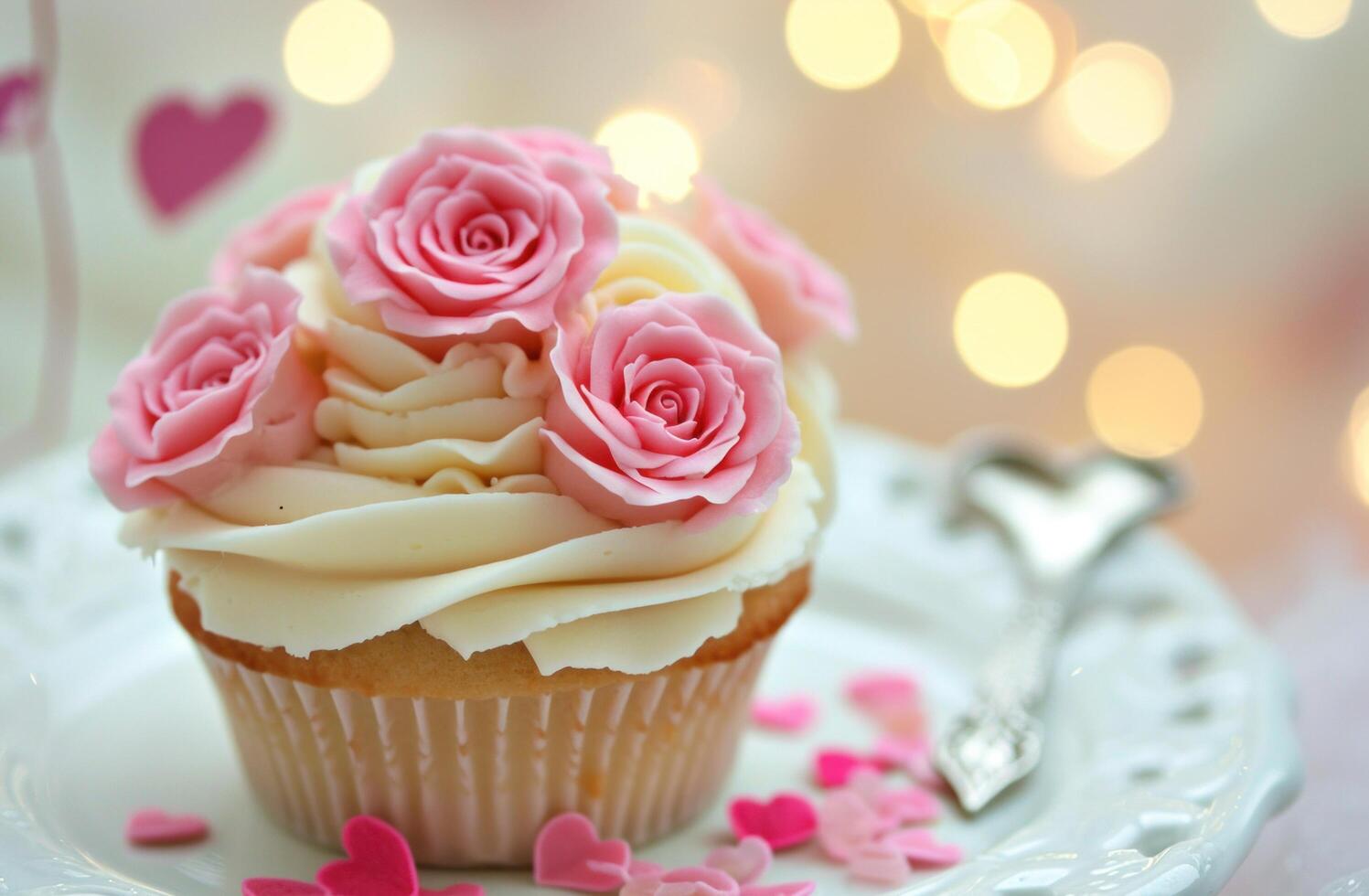 ai genererad söt valentines muffin med rosa ro foto