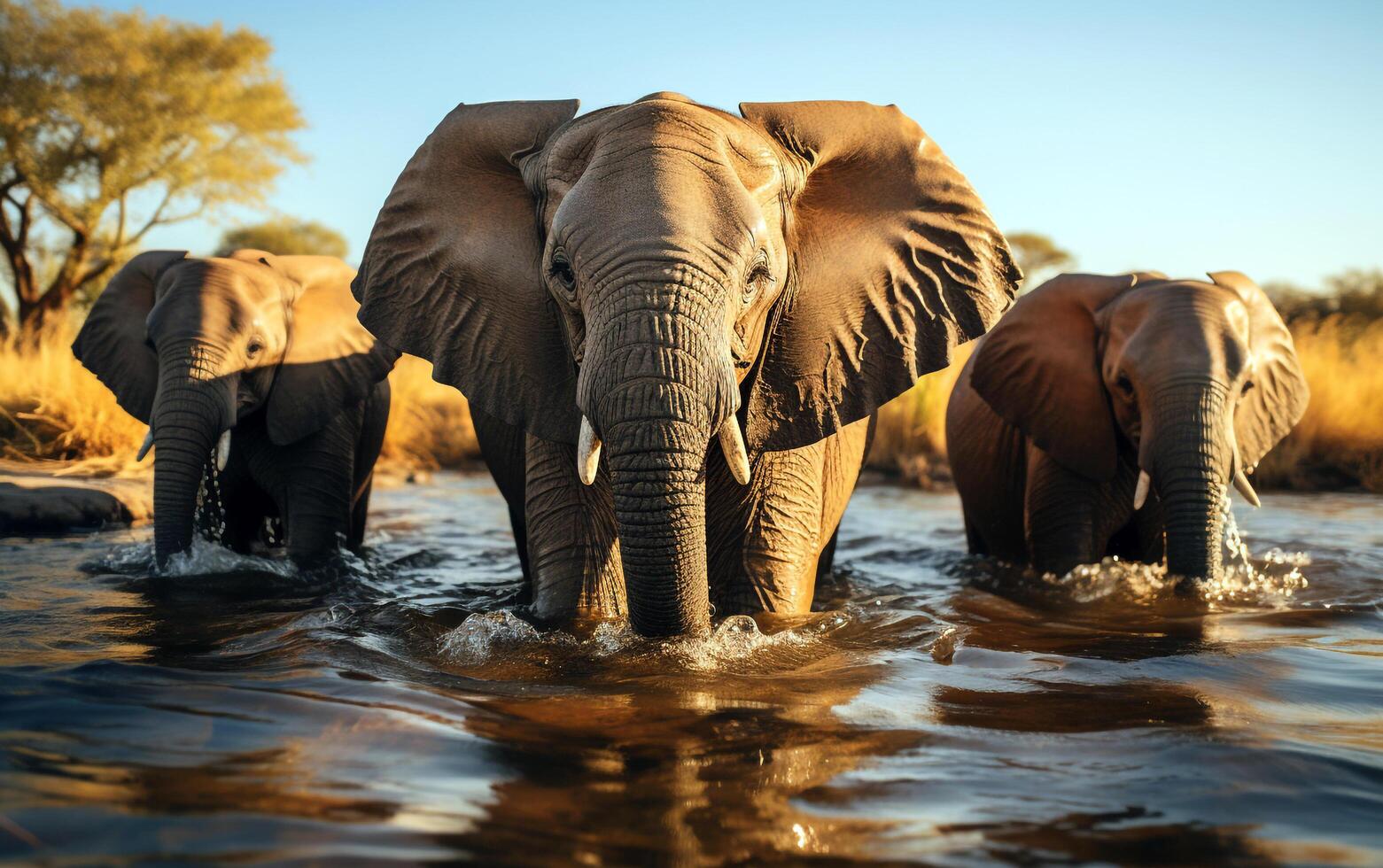 savann lugn familj av elefanter kyl- av i afrikansk vattning hål foto