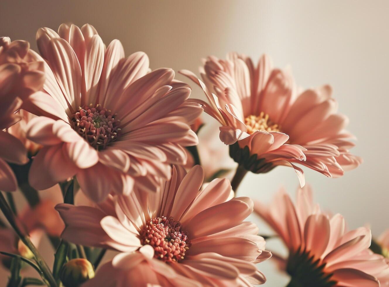 ai genererad pastell rosa blommor mot en beige bakgrund foto