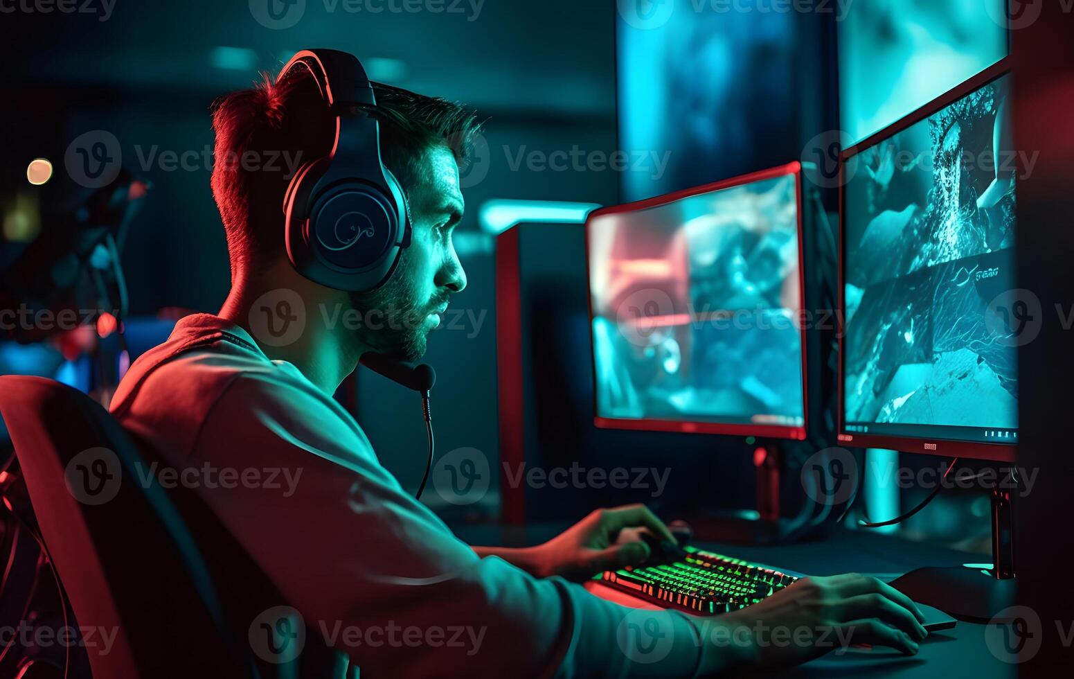 ai genererad ung caucasian gamer med headsetet spelar video spel med dator och flera olika skärmar belyst med mättad neon lampor, neuralt nätverk genererad fotorealistisk bild foto