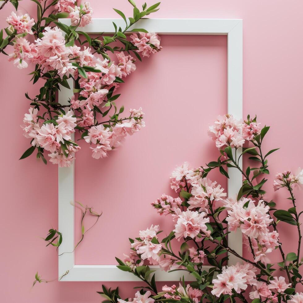 ai genererad vit ram med en ram av rosa blommor på en rosa bakgrund foto