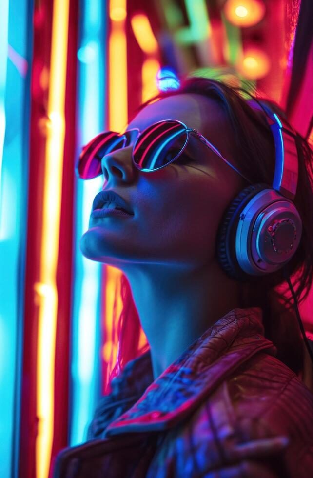 ai genererad kvinna med hörlurar och solglasögon i främre av en färgrik lysande neon vägg foto