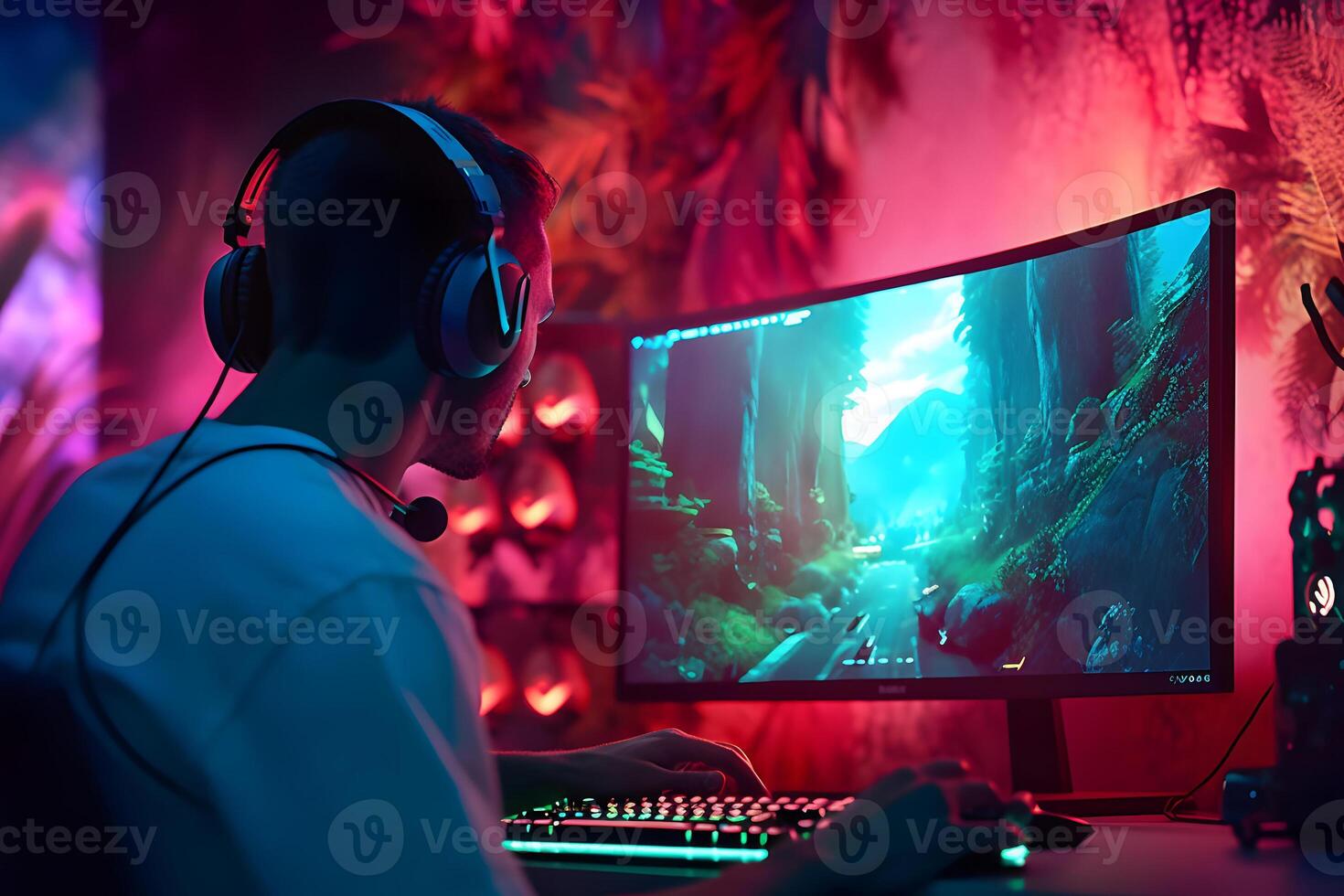 ai genererad ung caucasian gamer med headsetet spelar video spel med skrivbordet dator belyst med mättad neon lampor, neuralt nätverk genererad fotorealistisk bild foto