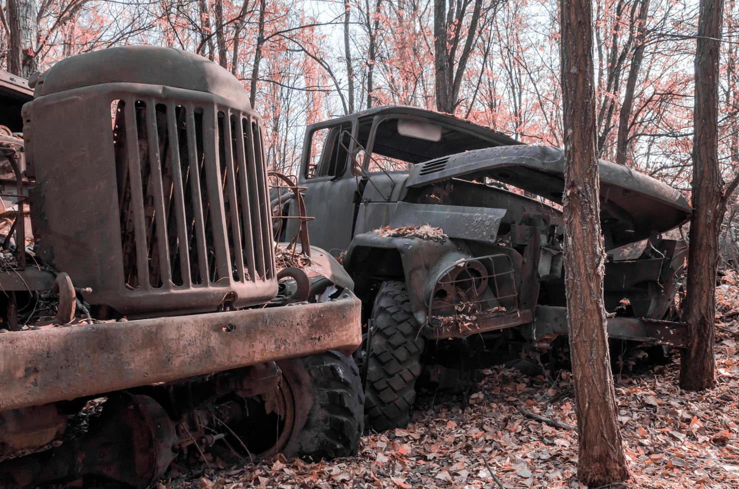 pripyat, Ukraina, 2021 - rostiga lastbilar i Tjernobyl foto