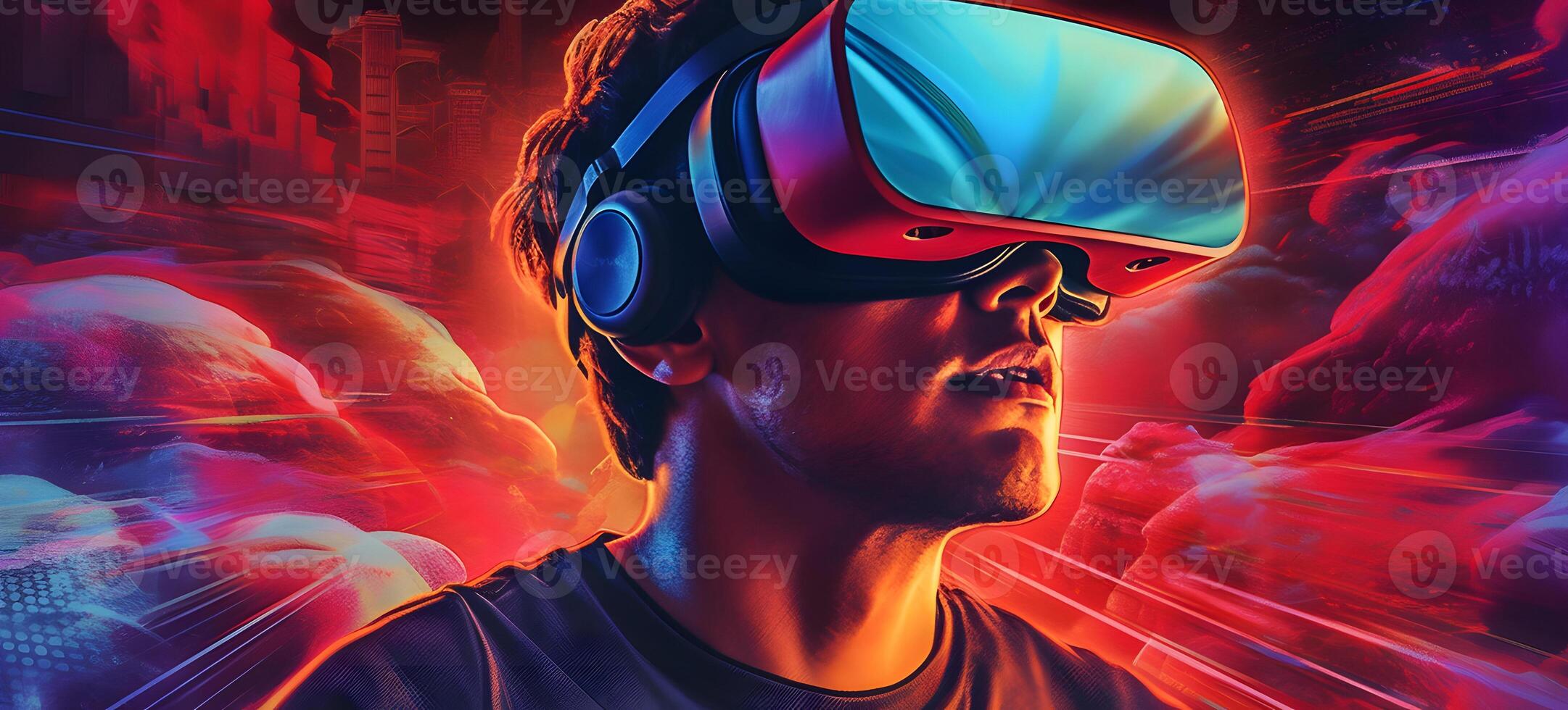 ai genererad man är använder sig av virtuell verklighet headset, huvud och axlar porträtt på färgrik bakgrund, neuralt nätverk genererad fotorealistisk bild foto