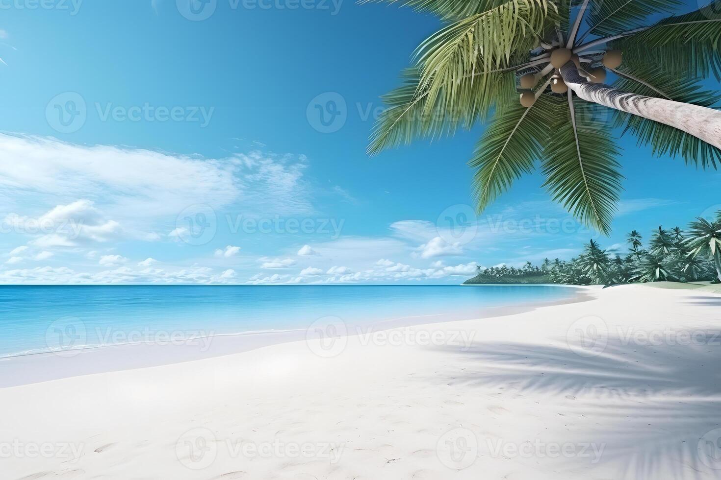 ai genererad tropisk strand se på solig dag med vit sand, turkos vatten och handflatan träd, neuralt nätverk genererad bild foto