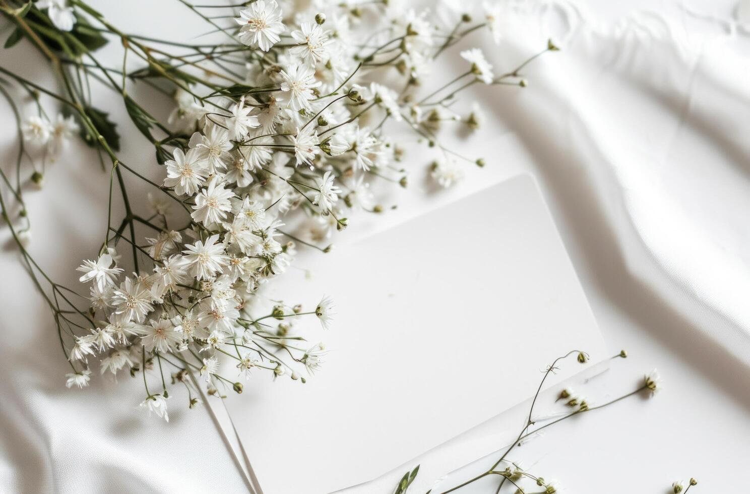 ai genererad vit papper mall och bilder av vit apsara blommor på en vit tabell foto
