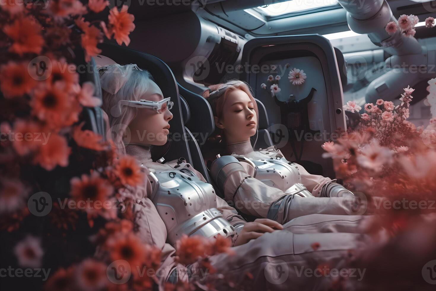 ai genererad två attraktiv blond caucasian ung vuxen kvinnor inuti rymdskepp stuga omgiven med blommor, neuralt nätverk genererad fotorealistisk bild foto