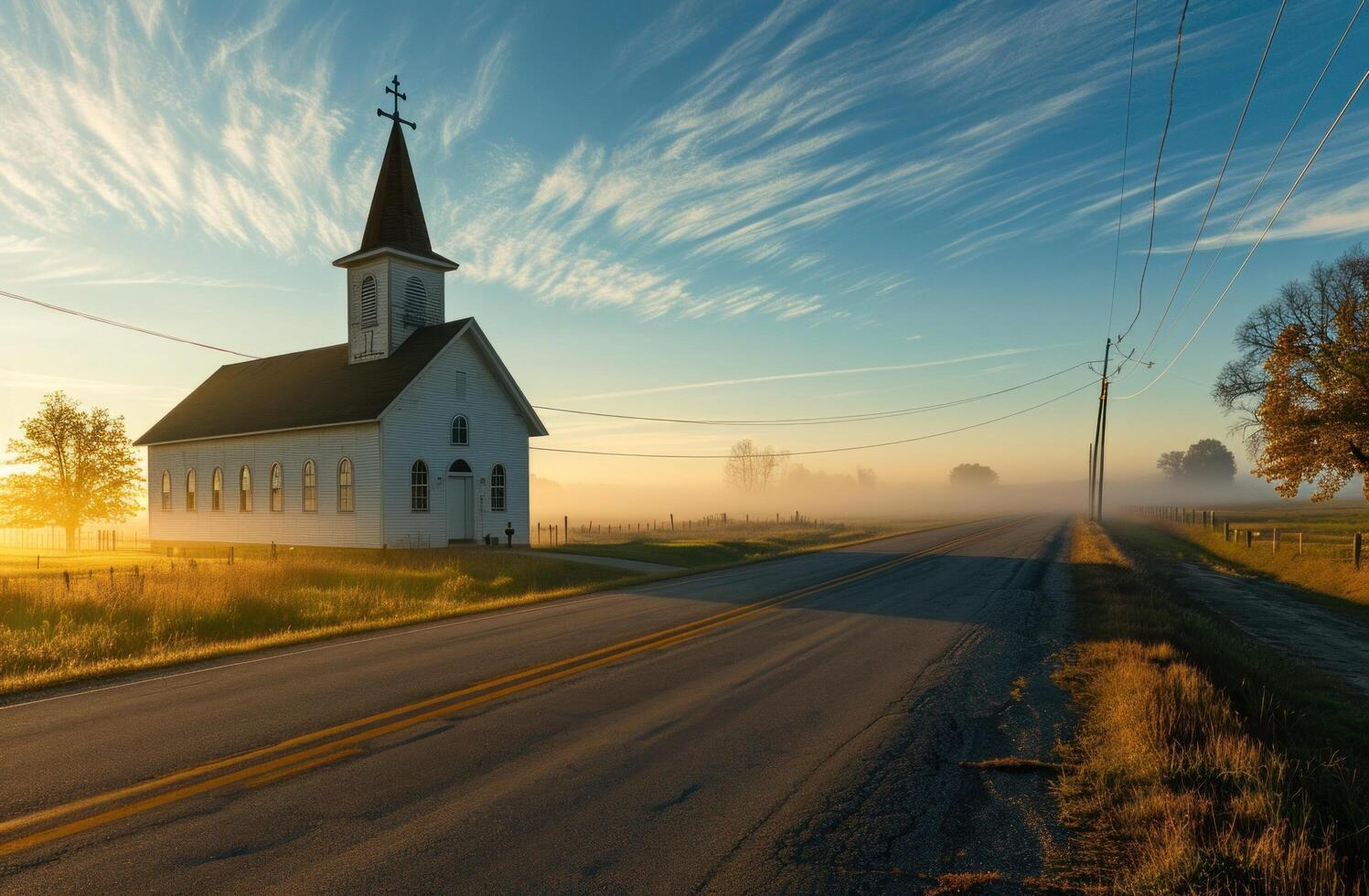 ai genererad en kyrka Nästa till ett tömma väg på soluppgång, foto