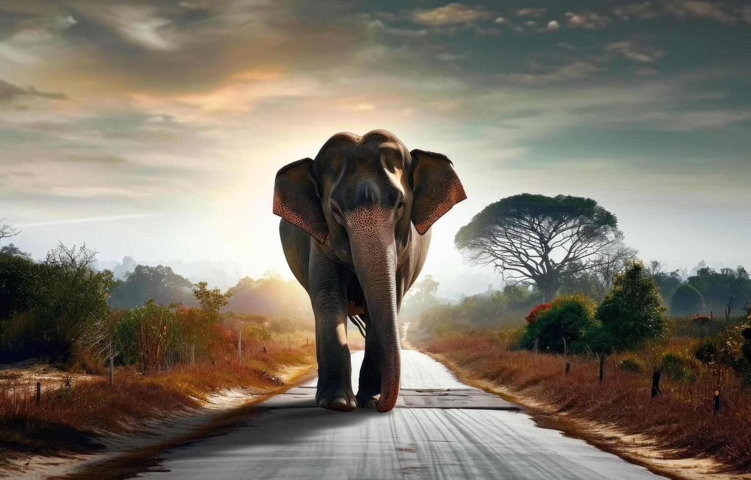 ai genererad ett elefant gående längs de väg foto