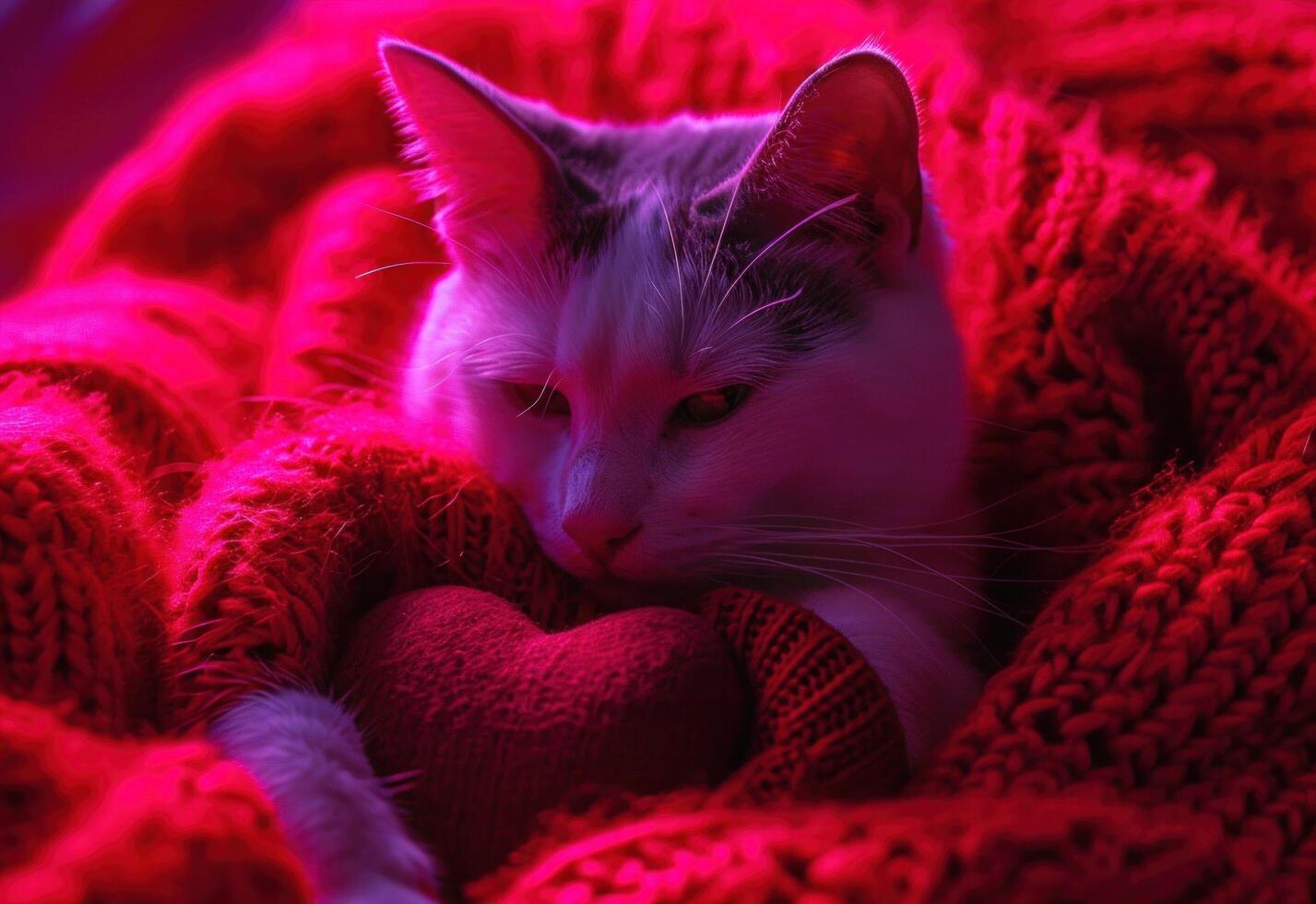 ai genererad katt i en röd Tröja innehav en hjärta foto