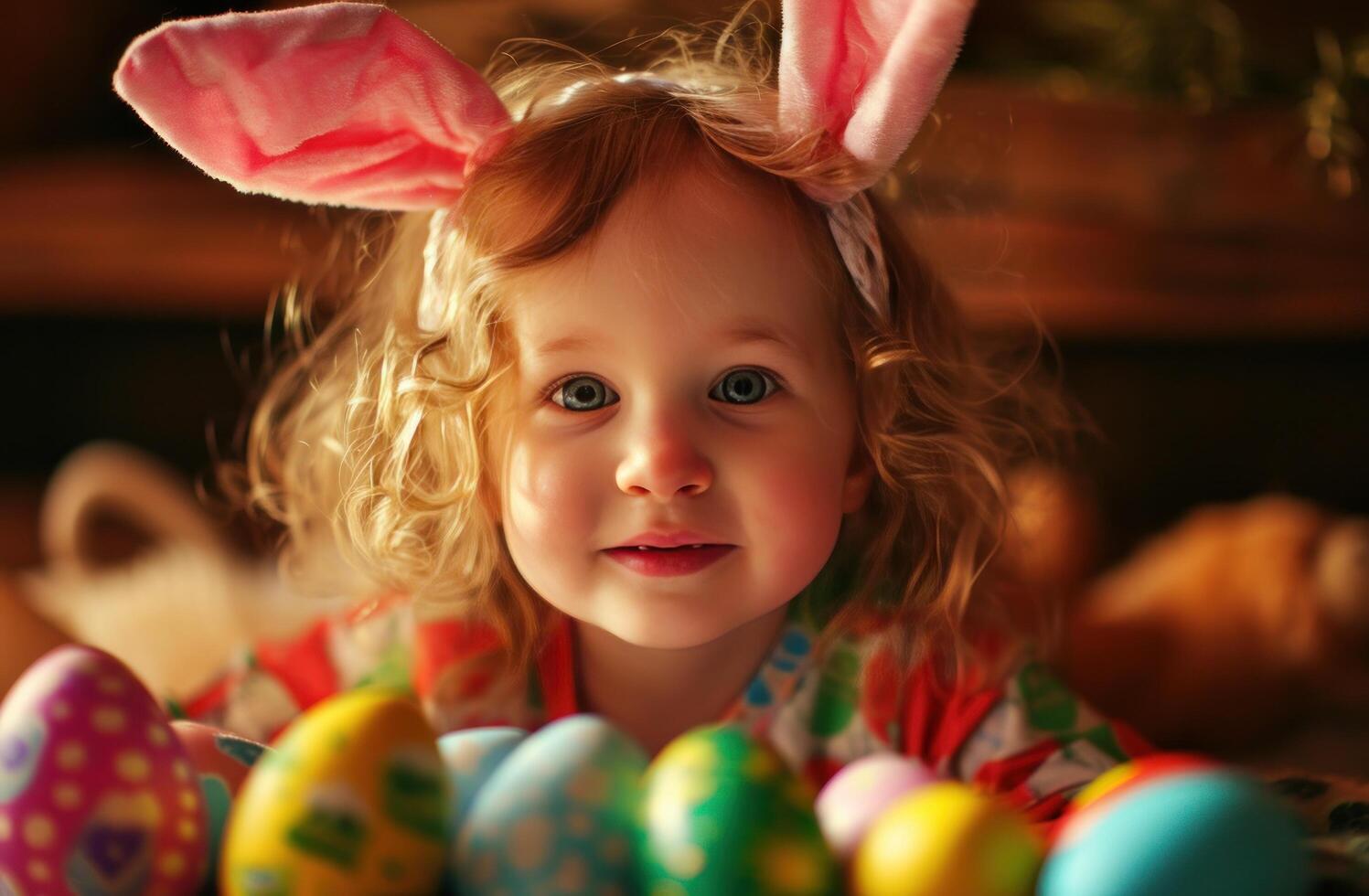 ai genererad barn i påsk öron som visar några påsk ägg foto