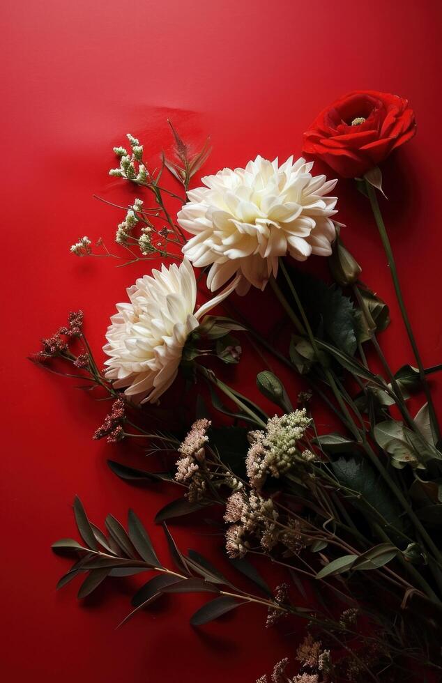 ai genererad hjärtans dag blommor på röd bakgrund foto