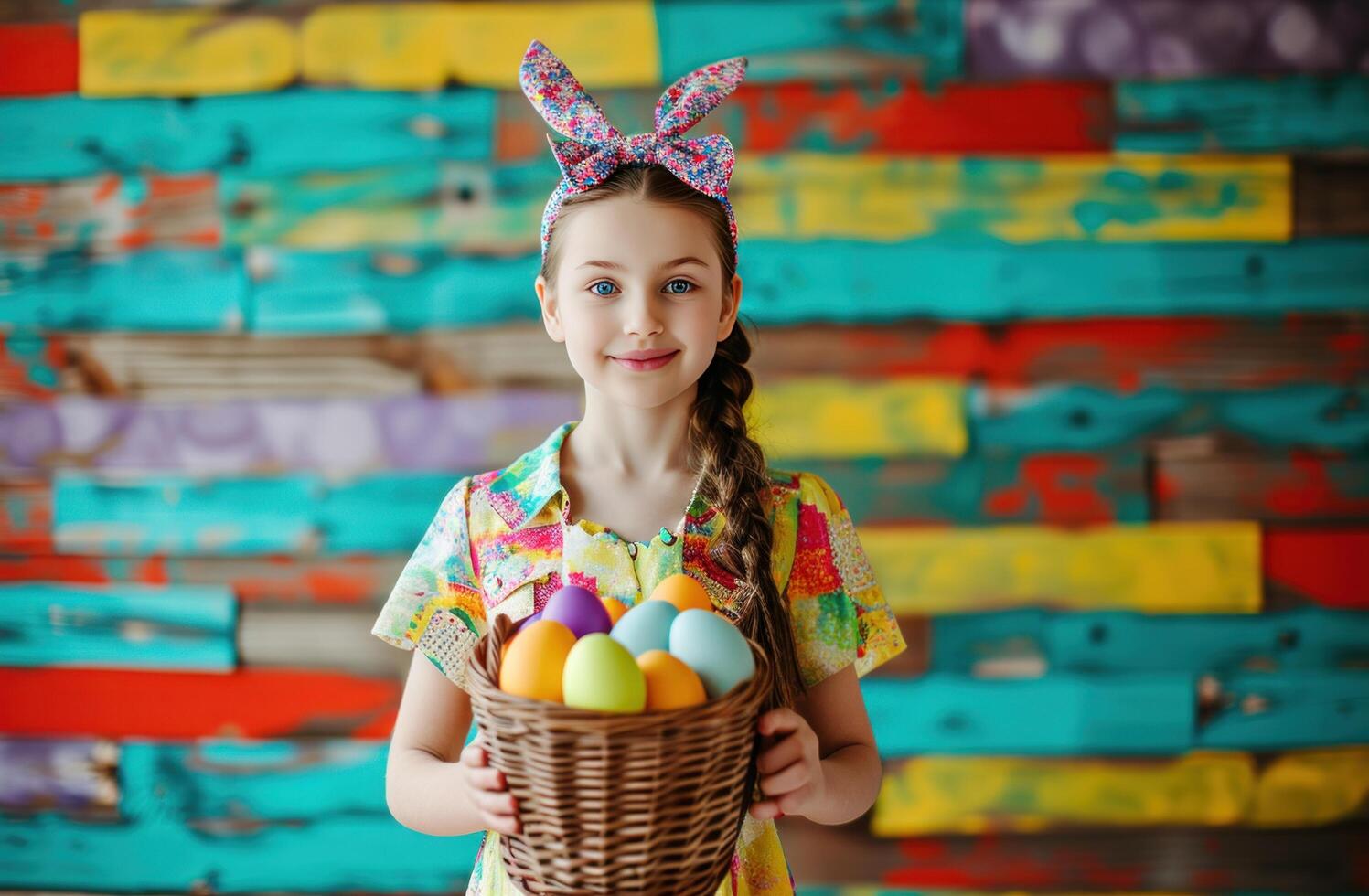 ai genererad ung flicka innehav korg av ägg nära vägg med rosett foto