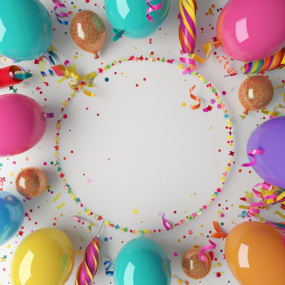 ai genererad färgrik ballonger och fest rekvisita på en bakgrund, foto