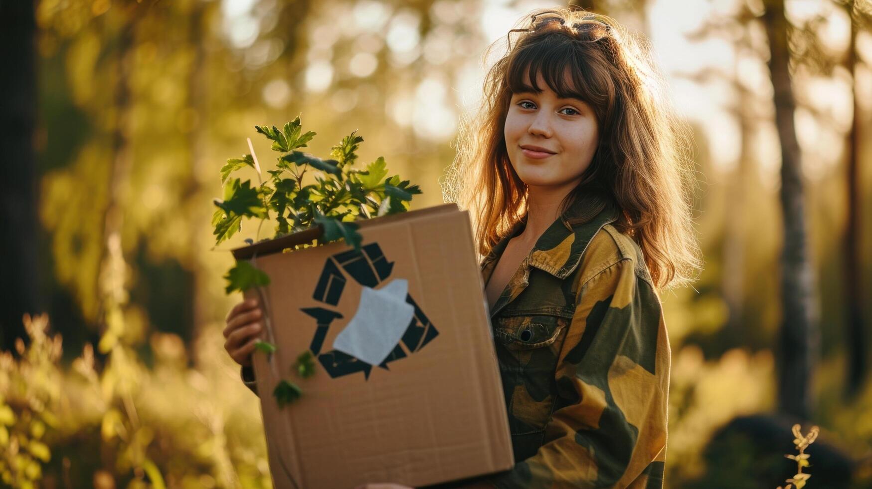 ai genererad flicka innehav en kartong låda med de återvinna symbol foto