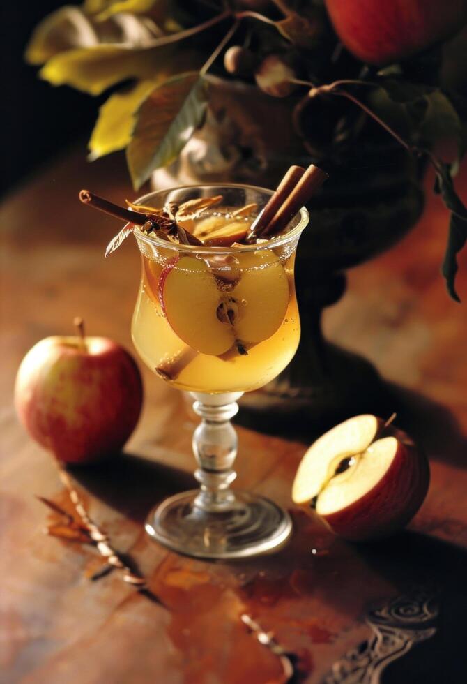 ai genererad ett äpple cider cocktail är garnerad med två äpplen foto