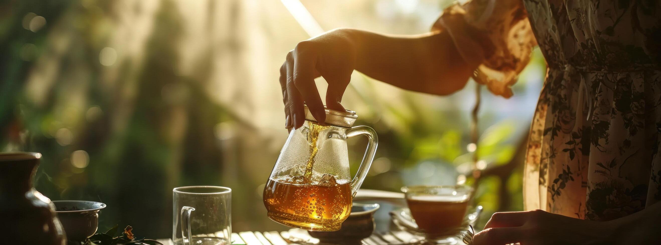 ai genererad en kvinna är häller te in i en glas foto