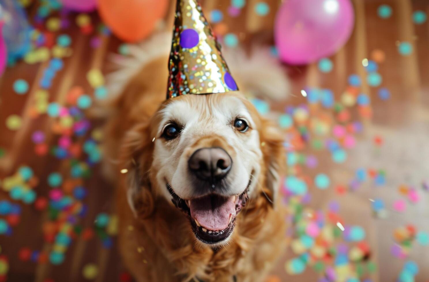 ai genererad en hund i en fest hatt är blåser en vissla foto