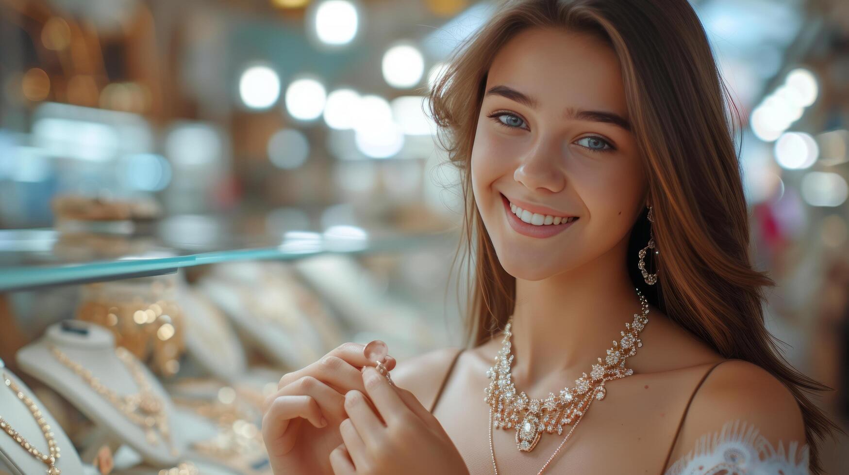 ai genererad en skön flicka väljer en halsband för själv i en Smycken Lagra foto