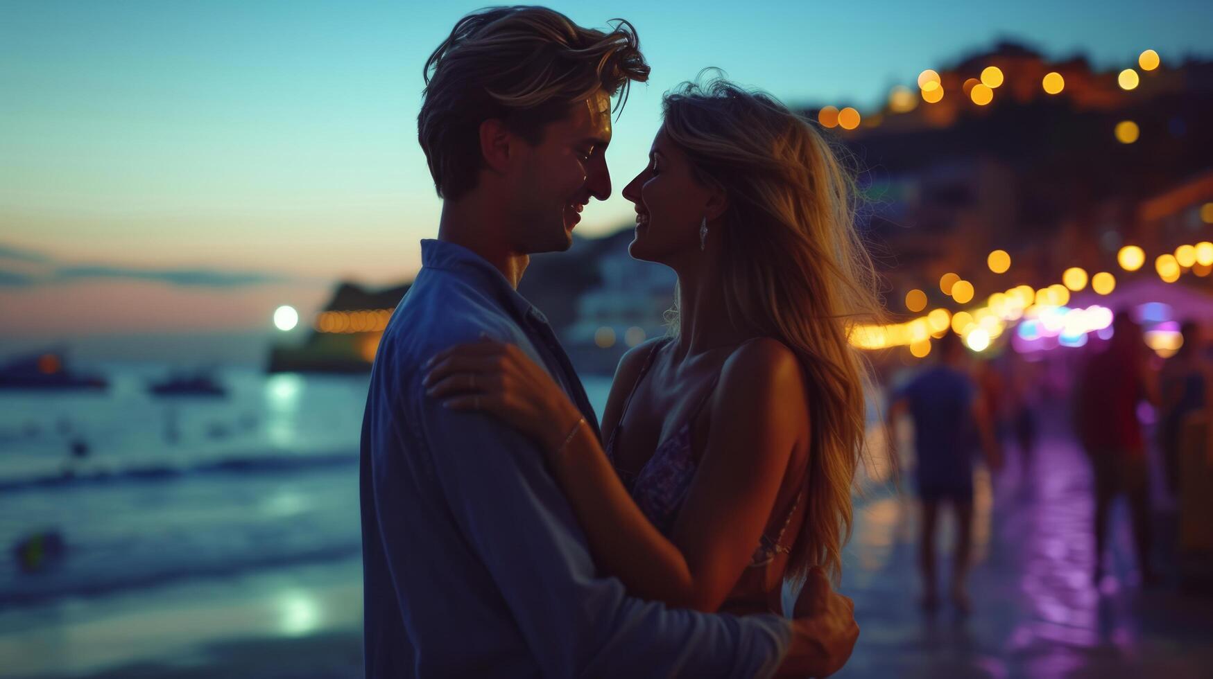 ai genererad skön ung par dans på natt musik fest på de strand foto