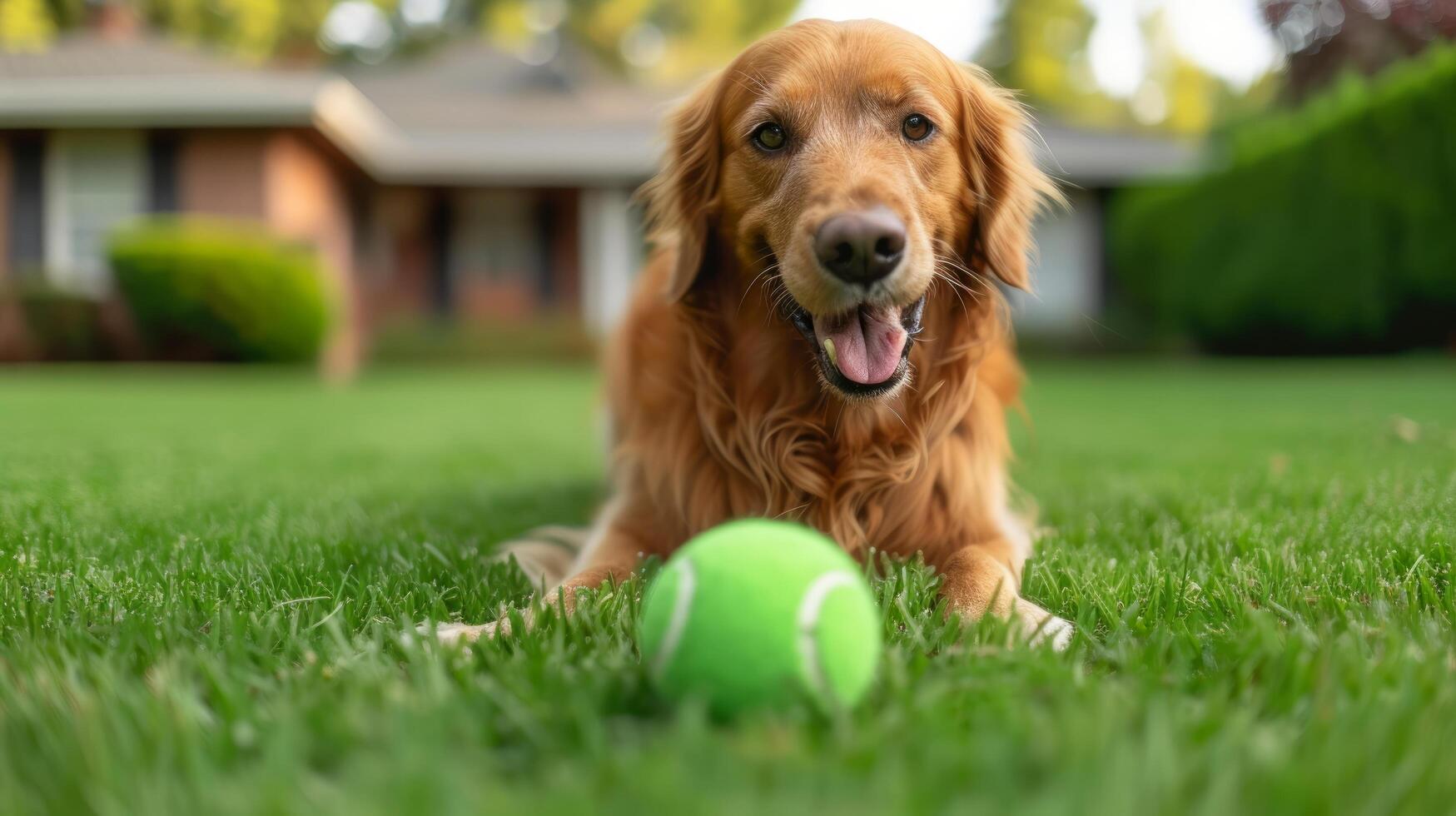 ai genererad en gyllene retriever hund spelar med en grön tennis boll på de gräsmatta nära en standard amerikan hus foto