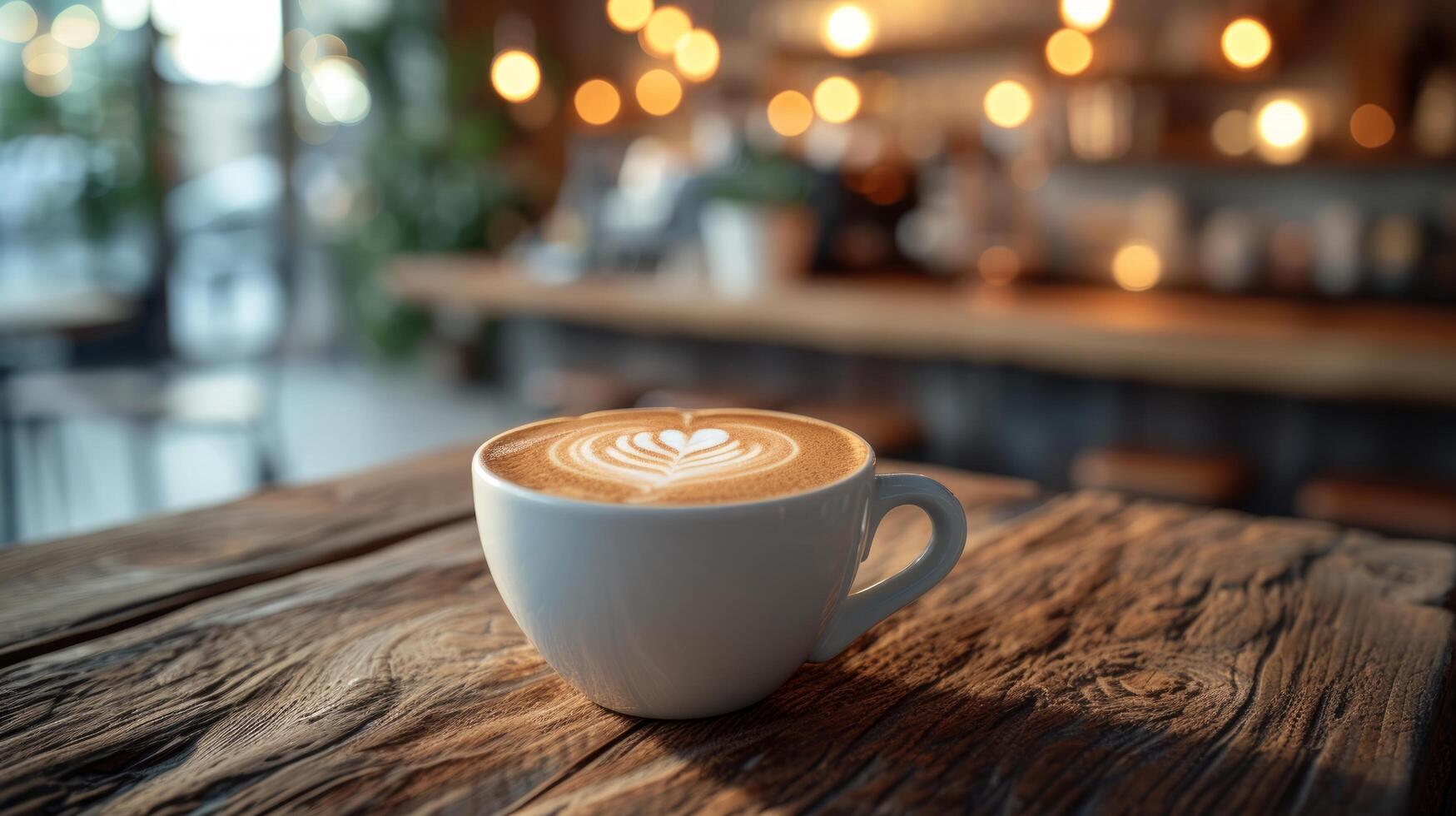 ai genererad en kopp av cappuccino med en hjärta på skum står på en trä- tabell mot de bakgrund av en suddig kaffe affär foto